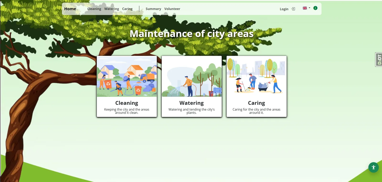 CityCare landing page with illustrated cards for the Cleaning, Watering and Caring volunteer workflows