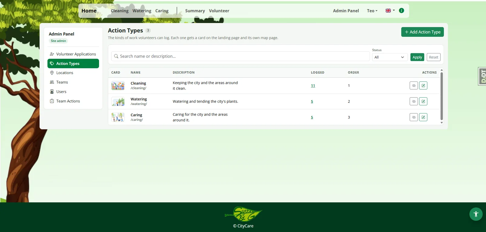 CityCare admin panel managing action types, with a sidebar for volunteer applications, locations, teams, users and team actions