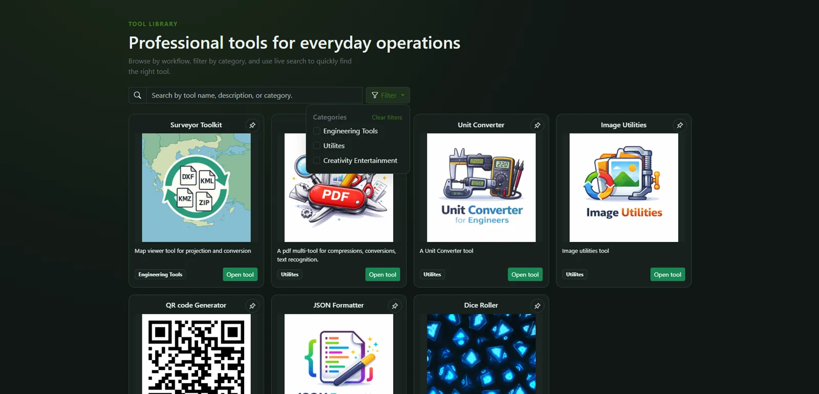 HandyTools tool library: a filterable grid of tool cards including Surveyor Toolkit, PDF multi-tool, unit converter and image utilities