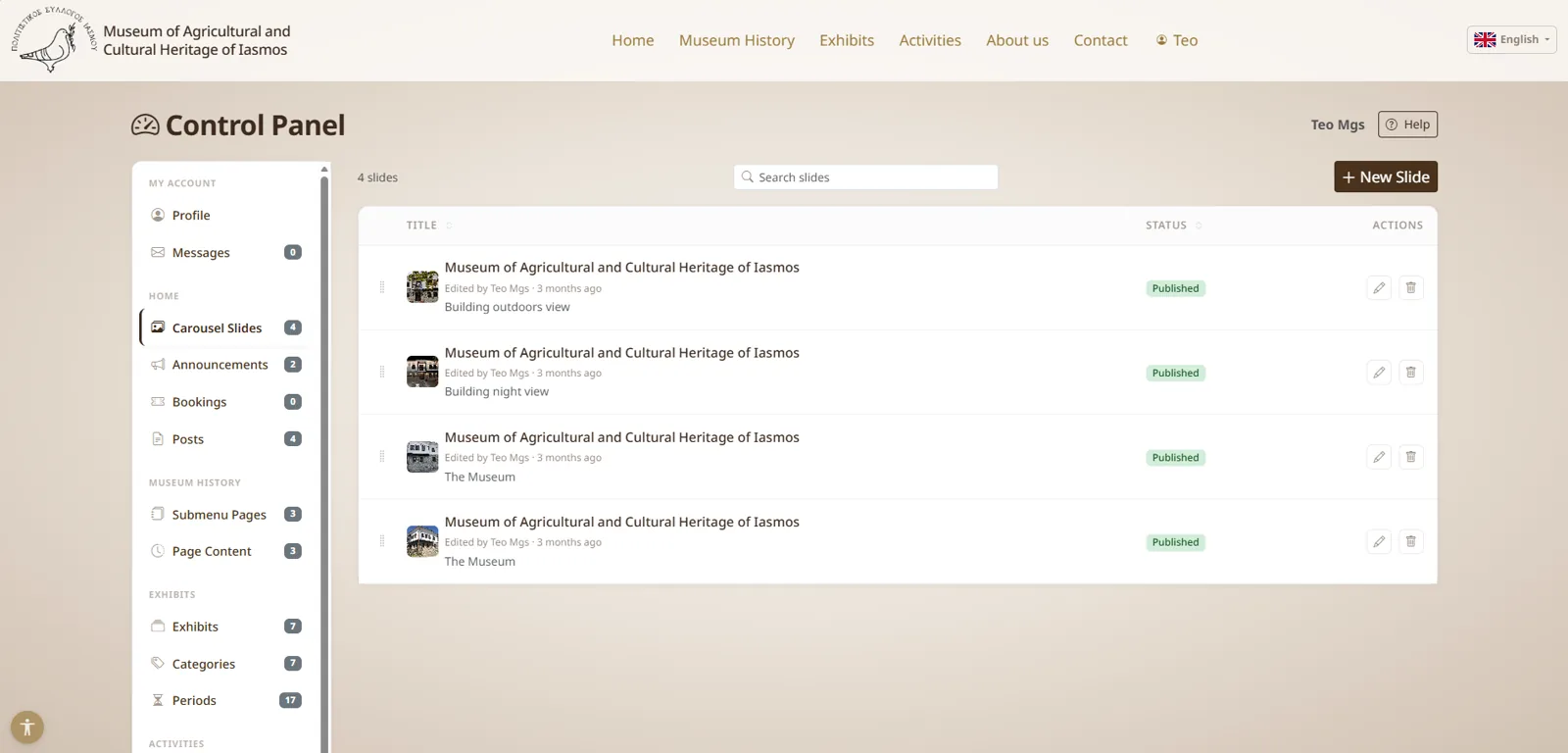 Custom CMS control panel listing carousel slides with published status, edit and delete actions, and a sidebar of manageable content types